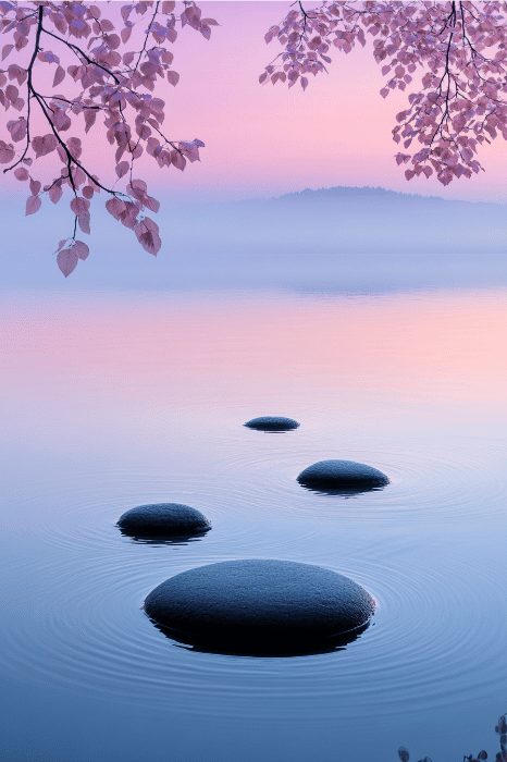 Al amanecer, el sereno lago invita a la reflexión, con escalones que atraviesan su superficie espejada y ramas de cerezo en flor que se mecen suavemente, perfecto para momentos de devoción y oración.