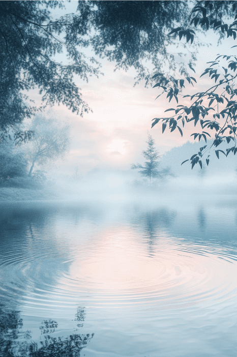 Un lago brumoso al amanecer, con árboles enmarcando la escena, parece un entorno sereno para pequeñas devociones y oraciones diarias. Las suaves ondas del agua reflejan tonos rosas y azules que invitan a la reflexión.