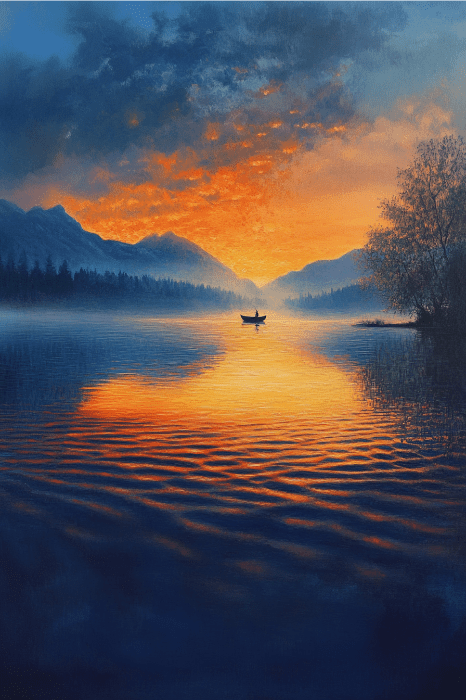 Un tranquilo lago al atardecer con un barco a lo lejos invita a la reflexión, como las breves devociones diarias. Las montañas y los árboles se reflejan en el agua, ofreciendo un sereno telón de fondo para las oraciones vespertinas.