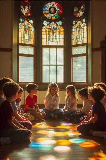 As crianças em um círculo no piso de madeira, com vitrais que lançam padrões de luz coloridos, se envolvem alegremente em um jogo da igreja infantil.
