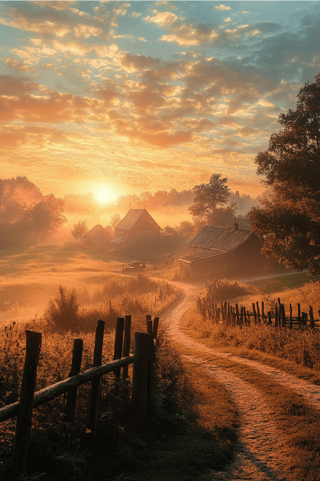 Un pintoresco amanecer sobre un paisaje rural evoca la serenidad de los poemas para la iglesia, con un camino de tierra, una valla de madera y casas lejanas pintando una escena tranquila.