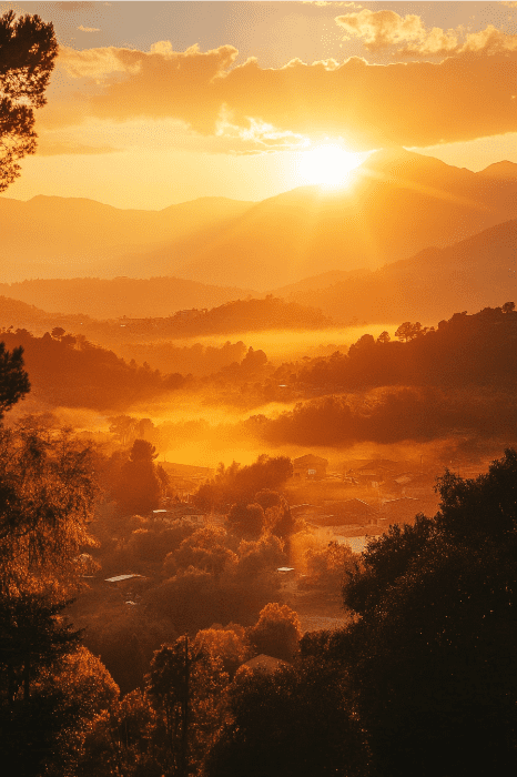 El amanecer sobre un valle brumoso con colinas ondulantes, árboles y un cielo resplandeciente pinta un cuadro digno de poemas para la iglesia, capturando la belleza serena y la esencia espiritual reflejadas en el abrazo de la naturaleza.