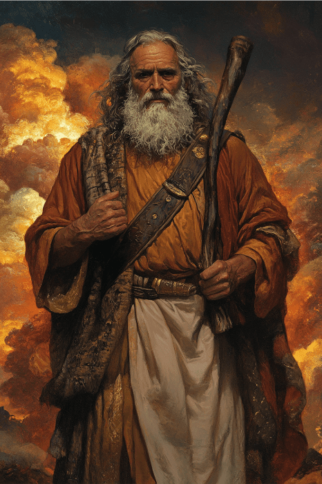 Em meio a um céu nublado e dramático, um homem barbudo em trajes históricos está de pé com um cajado, evocando os contos atemporais compartilhados nas histórias do Dia dos Pais para a igreja.