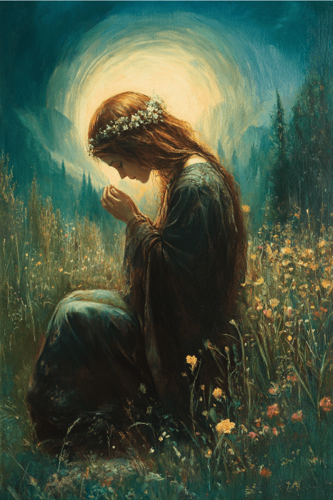El cuadro representa a una mujer con una corona de flores, arrodillada en un campo, envuelta por un resplandor parecido a un halo, que evoca el aura serena de la alabanza y la adoración.