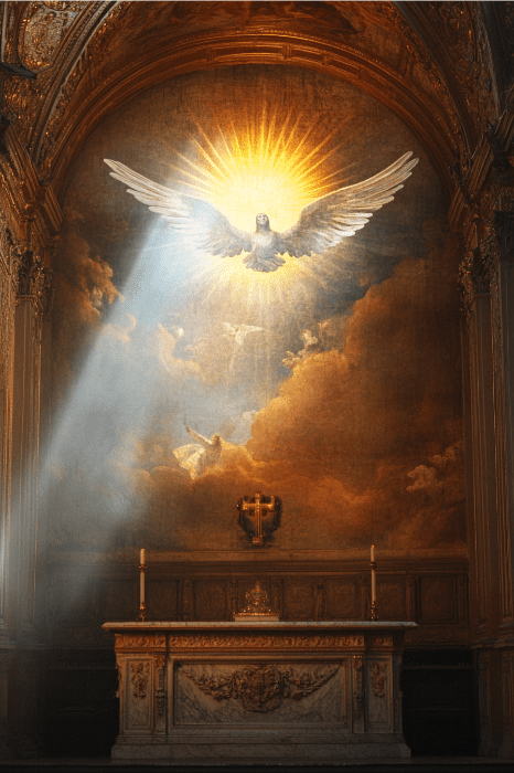 Un cuadro de una paloma con luz radiante sobre el altar ornamentado de una iglesia, iluminado por un haz de luz, capta la esencia de la alabanza y el culto.