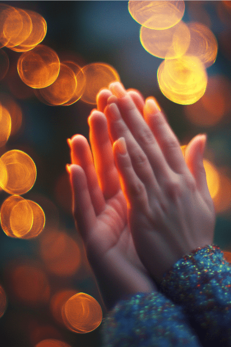 Manos entrelazadas en un momento de serenidad, con un cálido y brillante efecto bokeh de fondo, que recuerda a una oración de AA para la ansiedad.
