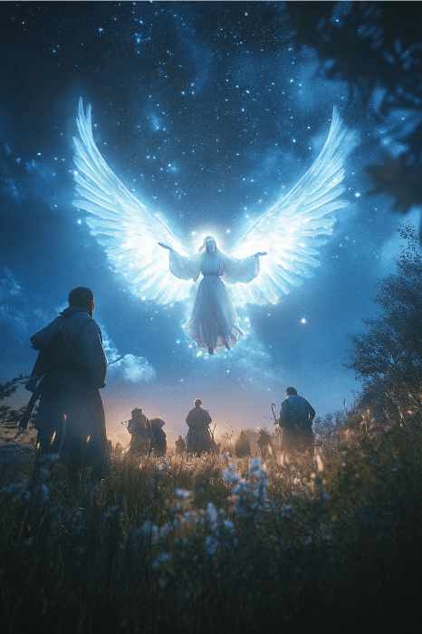 Um anjo brilhante com grandes asas paira no céu estrelado da noite, como se tivesse sido tirado de um daqueles poemas de Natal bem-humorados para a igreja, enquanto as pessoas abaixo olham para cima com admiração.
