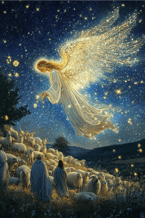 Um anjo com asas brilhantes esvoaça humoristicamente no céu estrelado da noite, recitando poemas de Natal para pastores divertidos e ovelhas confusas na encosta.