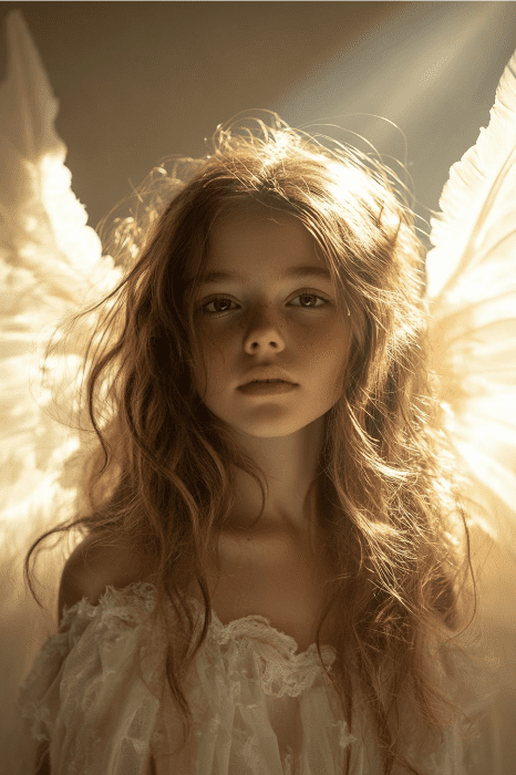 Una joven con pelo largo y alas de ángel se encuentra de pie bajo una iluminación suave y cálida, que recuerda a los poemas para la iglesia, con un delicado vestido blanco.