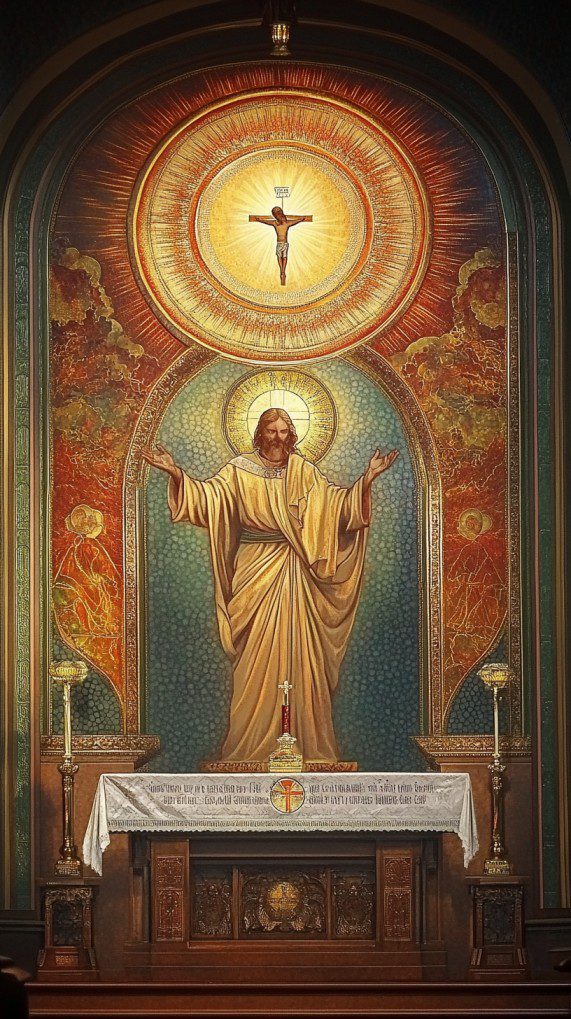 Un mural religioso muestra a Jesús con los brazos abiertos bajo un crucifijo resplandeciente, rodeado de una decoración ornamentada, como abrazando a la comunidad durante las oraciones de bendición del servicio religioso.