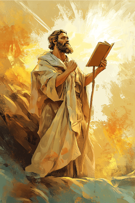 Una figura con túnica está de pie sobre una superficie rocosa, sosteniendo un libro y mirando hacia arriba, como si contemplara divertidos juegos para jugar en la iglesia, rodeada de una radiante luz amarilla.