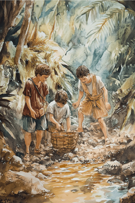 Tres niños se reúnen en torno a una cesta junto a un arroyo en un frondoso bosque que recuerda a la búsqueda del tesoro de una iglesia, donde cada descubrimiento aporta alegría y asombro a sus espíritus aventureros.