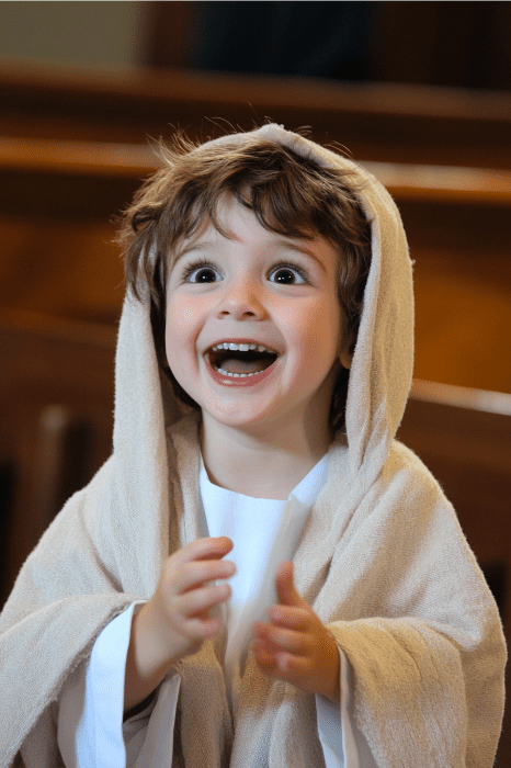 A child with curly hair smiles widely, wearing a light-colored hooded garment, standing indoors, perhaps after enjoying fun games at church.