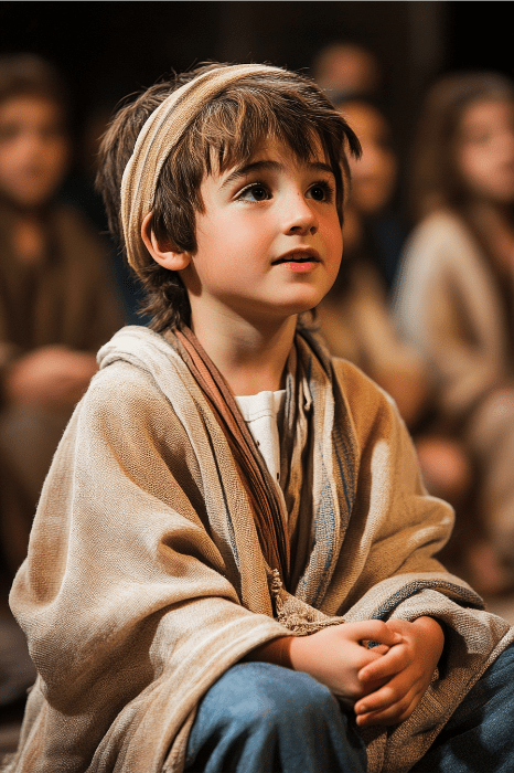 Un niño pequeño con bata beige y diadema se sienta con las piernas cruzadas, mirando atentamente hacia arriba durante unos divertidos juegos para jugar en la iglesia, con personas borrosas detrás.
