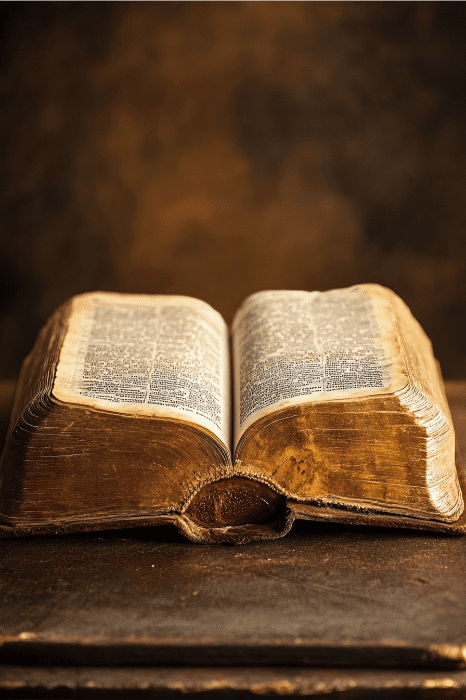 Un libro abierto y envejecido, de páginas amarillentas, descansa sobre un fondo oscuro y texturado, que recuerda el apacible entorno donde los divertidos juegos de la iglesia fomentan la comunidad y la alegría.