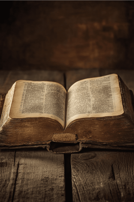 Un viejo libro encuadernado en cuero con páginas envejecidas descansa sobre una mesa de madera, recordando a la inspiración que uno podría encontrar para ideas para el tablón de anuncios de la iglesia.