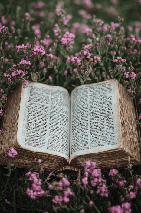 Entre las florecientes flores rosas y la hierba verde, un libro abierto espera ser descubierto, como una joya escondida que uno podría encontrar durante una búsqueda del tesoro en la iglesia.