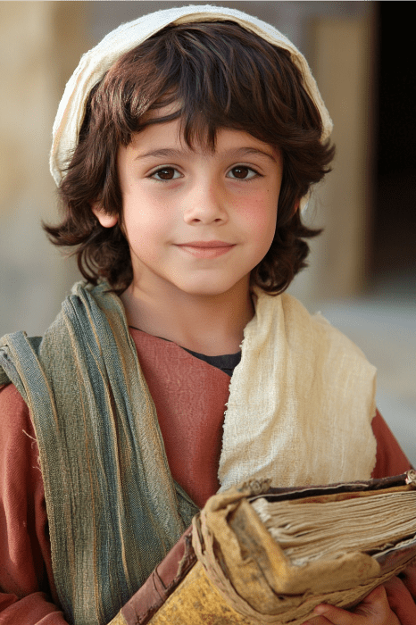 A young child with long hair, wearing a headscarf and robe, gazes thoughtfully at the camera while holding a large, old book—a picture perfect for skits for kids church.