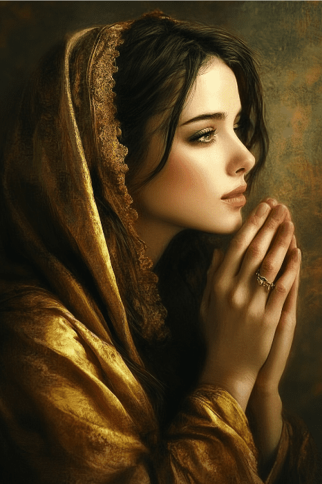 Uma mulher de perfil, envolta em um manto dourado, com as mãos entrelaçadas em oração, evoca serenidade em um fundo texturizado. Sua presença sussurra uma essência semelhante ao significado bíblico do nome Lisa - devotada e consagrada.
