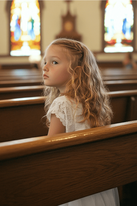 Una niña de pelo rizado con un vestido blanco está sentada en un banco de la iglesia, mirando de reojo mientras la luz de colores se filtra por las vidrieras de la zona de culto infantil, cariñosamente conocida por muchos como "Corderitos".