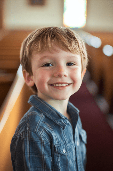 Un joven sonriente de pelo rubio y camisa azul está de pie en una habitación con luz tenue, parecida a uno de esos espacios acogedores que suelen utilizarse para las actividades infantiles de la iglesia, con bancos de madera.