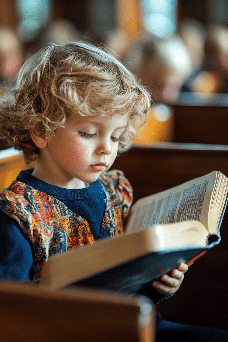 Un niño de pelo rizado lee atentamente un libro en una habitación acogedora y con luz tenue, que recuerda el ambiente sereno que suele haber en los espacios dedicados a los nombres de las actividades de la iglesia para niños.