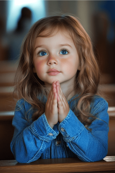 La niña, con un vestido azul y el pelo largo y castaño cayendo en cascada por su espalda, está sentada con las manos juntas en oración, mirando hacia arriba durante la alegre reunión en la iglesia de los niños.