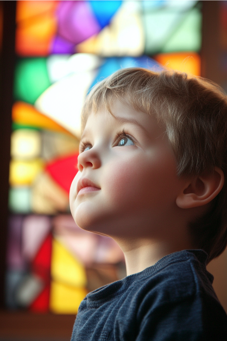 Un niño pequeño mira hacia arriba frente a una colorida vidriera, rodeado del alegre ambiente de los nombres de la iglesia infantil.