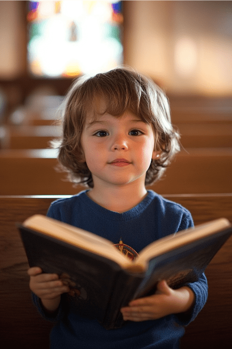 Un niño de pelo rizado está sentado en una habitación con luz tenue, sosteniendo un libro abierto. Bancos de madera se alinean en el espacio, y una vidriera de colores proyecta patrones coloridos - un entorno sereno perfecto para los nombres de inspiración de la iglesia de los niños.
