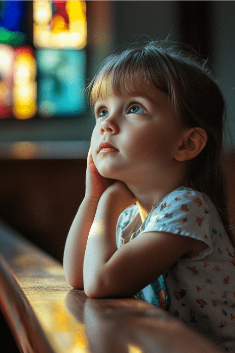 Una joven, quizá pensando en los nombres para la iglesia de los niños, mira pensativa hacia arriba, apoyando la barbilla en la mano sobre un fondo de vidrieras de colores.