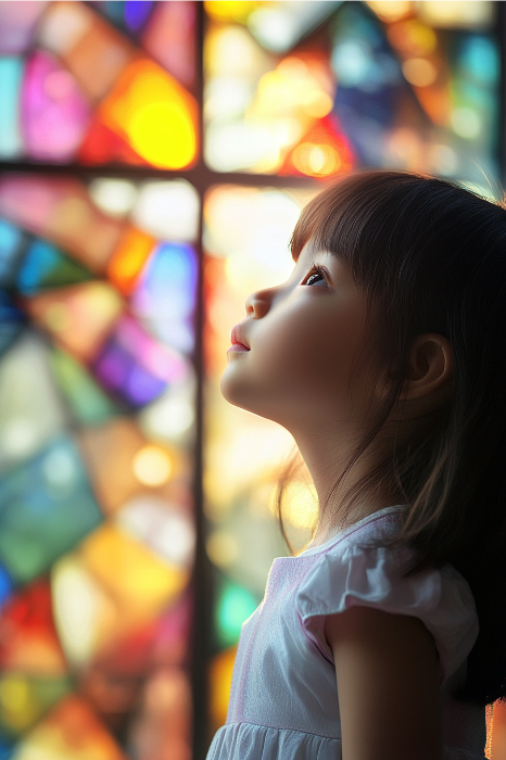 Una niña mira hacia arriba, sus ojos reflejan los vibrantes tonos de las vidrieras: una escena que podría encontrarse en lugares con nombres encantadores para la iglesia de los niños.