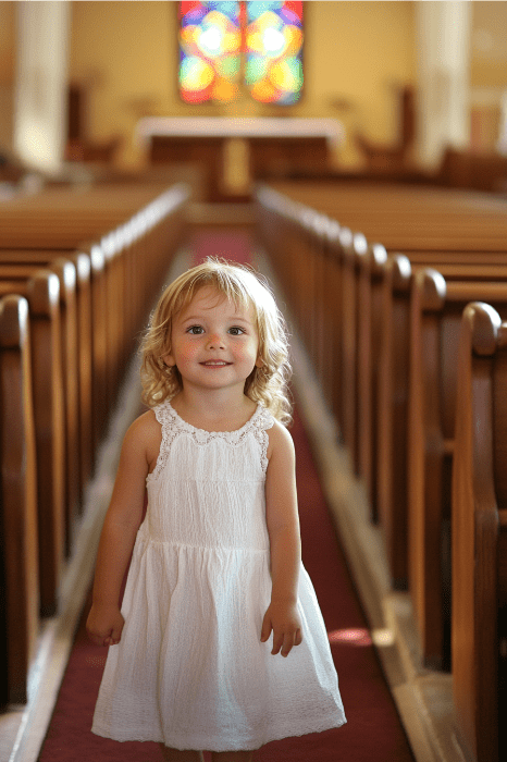 Una niña vestida de blanco se encuentra en el pasillo de una iglesia, sonriendo alegremente, entre los luminosos colores de las vidrieras, capturando la esencia de la inocencia que a menudo se celebra en las reuniones eclesiásticas de los niños.