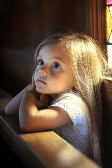 Una niña de pelo largo mira hacia arriba, apoyando la barbilla en las manos, junto a una vidriera en el sereno marco de una iglesia infantil.