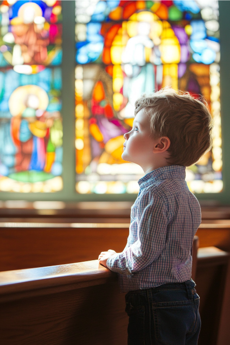 En una iglesia infantil, un niño contempla asombrado las vibrantes y coloridas vidrieras.