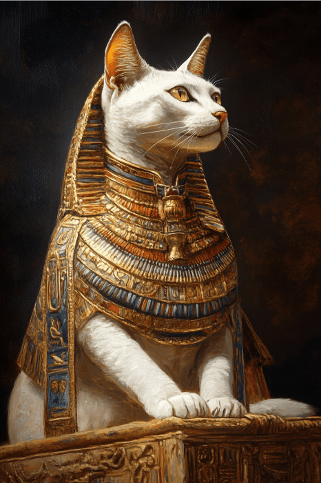 Um gato branco, que lembra os gatos da Bíblia, está vestido como um faraó egípcio com um cocar detalhado, sentado majestosamente em um pedestal.