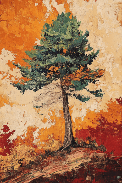 Pintura impressionista de uma árvore solitária com um fundo laranja e creme texturizado, evocando a beleza atemporal frequentemente encontrada em plantas mencionadas na Bíblia.