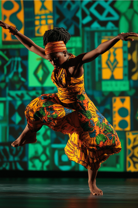 Uma dançarina com roupas vibrantes se apresenta em um cenário geométrico colorido, equilibrando-se graciosamente em um pé só, celebrando a História Negra com ideias inspiradoras para reuniões na igreja.
