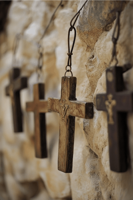 Las cruces de madera que cuelgan de una pared de piedra, cada una adornada con una pequeña figura metálica de Jesús, podrían servir de sutil punto focal para ideas únicas de búsqueda del tesoro en la iglesia.