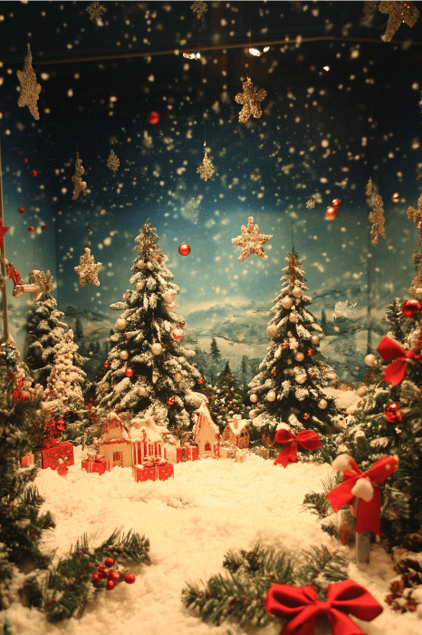 Una festiva escena invernal se despliega con árboles cubiertos de nieve y casitas decoradas, perfecta para inspirar ideas para el tablón de anuncios de la iglesia. Los copos de nieve caen suavemente, creando una atmósfera serena que captura el espíritu de la temporada.