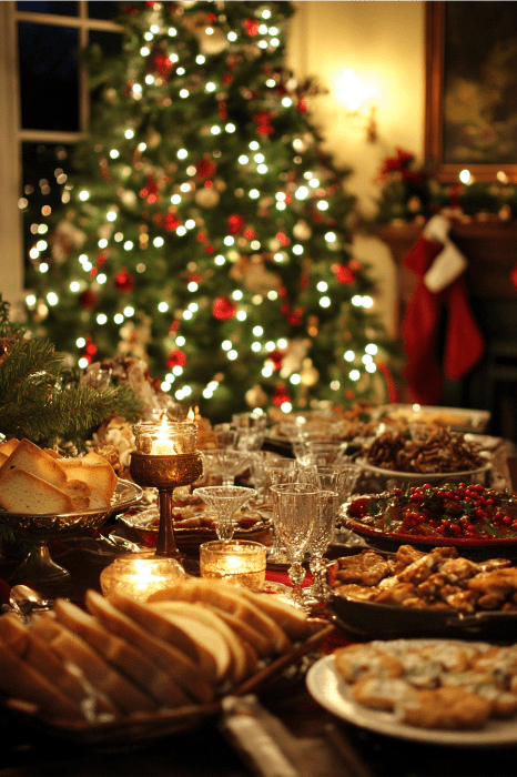 Mesa de jantar festiva com vários pratos e velas acesas em frente a uma árvore de Natal decorada, perfeita para reflexões pós-reunião sobre ideias de programas de Natal para jovens da igreja.