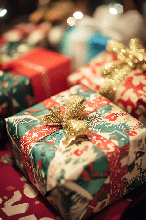Regalos festivos con papel de colores y brillantes lazos dorados, apilados y listos para la celebración, cada regalo despertando ideas creativas de servicio juvenil para repartir alegría en la comunidad.