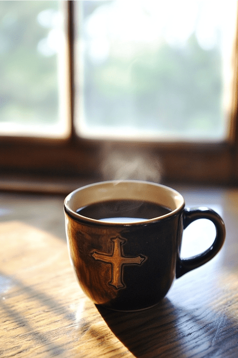 O café fumegante em uma caneca escura com um desenho de cruz, perfeito para o Dia dos Pais, fica em uma mesa de madeira perto da janela, com a luz do sol entrando.