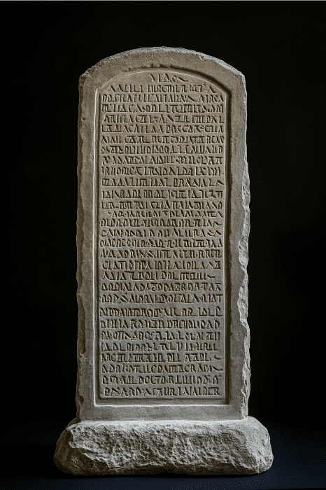 Uma antiga tábua de pedra, que lembra os Dez Mandamentos, apresenta um texto em latim gravado em um fundo escuro.