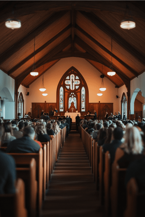 En el interior de la bulliciosa iglesia, con los bancos de madera repletos de feligreses y las vibrantes vidrieras llenando el espacio de color, la atención se dirige al altar. En medio de este ambiente sereno, las conversaciones susurradas insinúan planes estratégicos para las iglesias, guiando sutilmente las futuras reuniones.