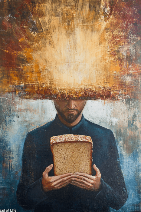 Una persona sostiene un pan y de su cabeza brota una energía radiante, una encarnación vívida de la iluminación que recuerda las ideas del servicio del Jueves Santo, donde se entrelazan la inspiración profunda y la reflexión.