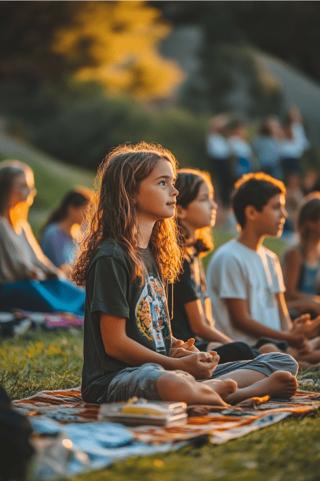 Los niños sentados con las piernas cruzadas en una esterilla al aire libre, concentrándose en la meditación o en un ejercicio de atención plena, se inspiran en la tranquilidad que a menudo se encuentra en las ideas para el servicio religioso del Día de la Independencia.