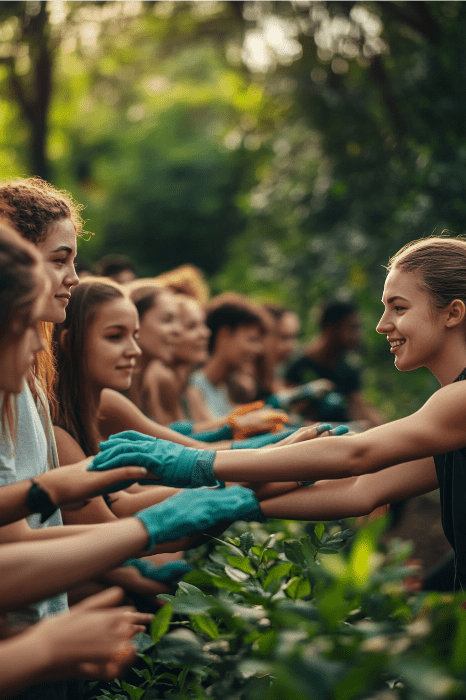 Un grupo de personas con guantes, sonrientes y cuidando plantas en un exuberante jardín verde: una escena encantadora que podría inspirar las próximas ideas de contratación de la iglesia.