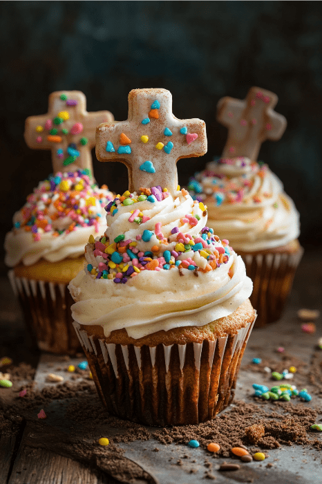 Cupcakes cubiertos de glaseado, grageas de colores y galletas en forma de cruz sobre una rústica superficie de madera, perfectos para alimentar ideas creativas de servicio juvenil.