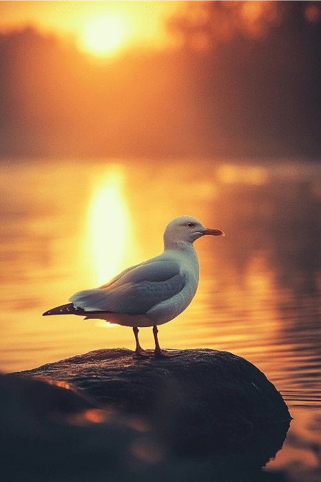 Una gaviota posada en una roca junto al agua al atardecer, bañada por un cielo dorado con reflejos brillantes. En este momento de tranquilidad, uno podría encontrar la serenidad parecida a la contemplación de una sencilla oración diaria de AA.