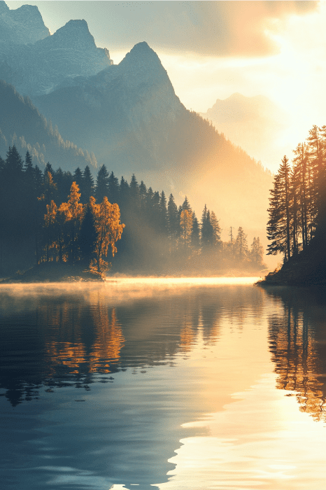 El amanecer sobre un tranquilo lago con bruma, rodeado de pinos y montañas al fondo, se siente tan sereno como una sencilla oración diaria de AA: abrazar la paz y la reflexión.